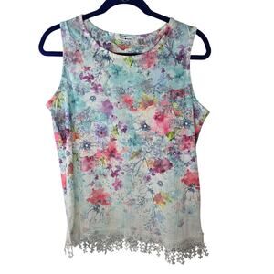 Punt Roma Watercolor Floral Crochet Lace Hem Sleeveless Top Size Small
